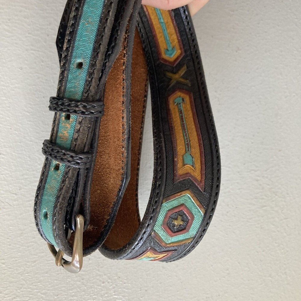 VTG Western Distressed Leather Belt Multicolor DAUDE Made in PARIS Cowgi…